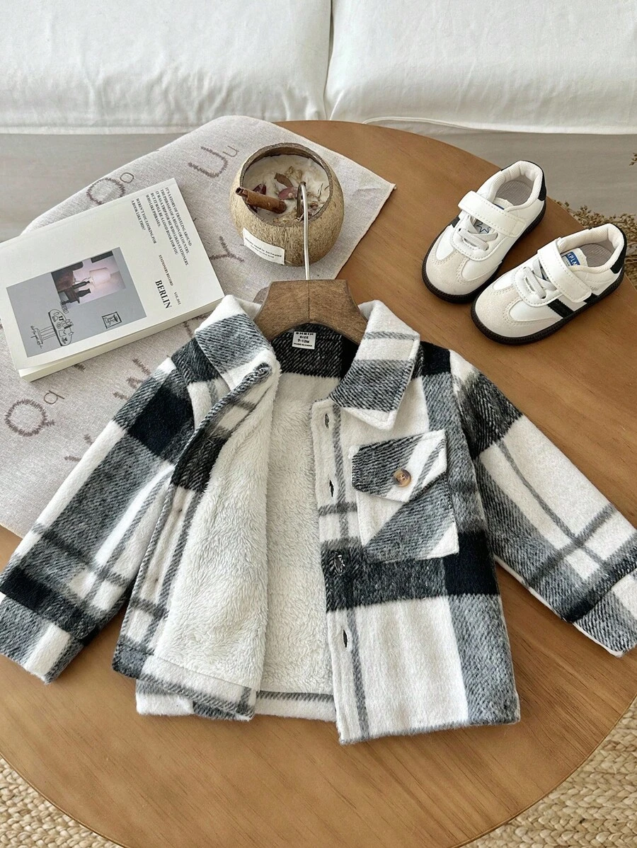 SHEIN 男婴格子翻领单排扣口袋长袖夹克 - 彩色 - 查看 1