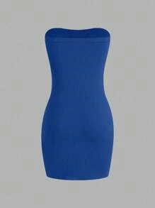 Sweetra Women's Summer Bodycon Bandeau Dress With Slit Hem Mini Short Women Outfit - Royal Blue - View 2