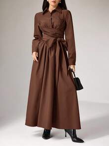 Heiryn 女士纯色长袖系带休闲衬衫裙 - 咖啡棕 - 查看 4