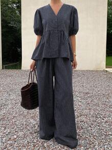 Livesso 2件套女士条纹泡泡袖V领宽松休闲夏季连体裤 - 藏蓝色 - 查看 1