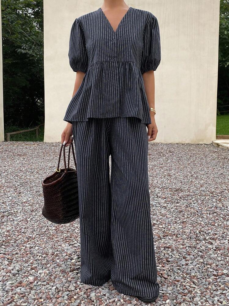 Women's V-Neck Striped Korean Style Short Sleeve Shirt And Long Pants 2-Piece Set