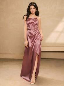 Vestido largo con abertura, cintura plisada de satén para bodas y Halloween, vestido formal para baile de graduación, fiesta de cumpleaños para adolescentes y niñas