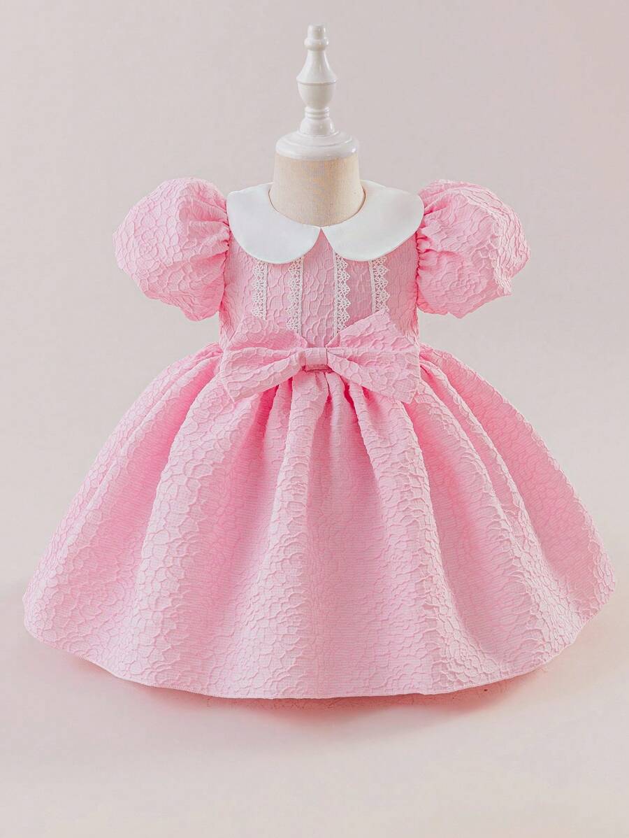 Glamorique Kids 女婴公主裙，生日派对婚礼节花童裙，白色领子，粉色提花玫瑰，泡泡袖，大蝴蝶结，白色蕾丝，适合所有季节