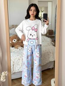 女童可爱兔子印花休闲宽松圆领短袖上衣和裤子套装 - 藍色 - 查看 1