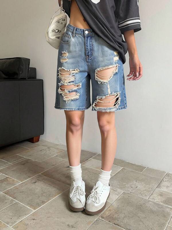 SHEIN Pantalones cortos largos tipo baggy con estilo de dinero antiguo, estilo vintage lavado, de cintura baja, con diseño de grunge punk de los años 2000 para adolescentes, adecuados para viajes diarios, exteriores, hogar, brunch, fiesta de té, ropa de otoño y otoño, atuendos para volver a la escuela, preparación para el regreso a clases