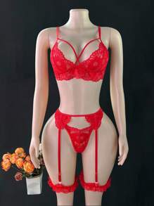 Seduluxe 5 packs Ensemble de lingerie avec porte-jarretelles en dentelle florale à l'avant croisé avec 1 paire d'anneau de jambe, lingerie de mariée, look badass