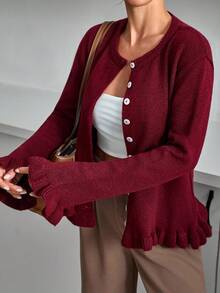 EURMUSE Women's Solid Color Drop Shoulder Long Sleeve Single-Breasted Casual Knit Cardigan Red Cardigan Women Burgundy Cardigan Sweater Ruffle Cardigan Womens Fall Sweaters Womens Winter Sweaters,Petite Cardigans,Cardigans - Burgundy - View 4