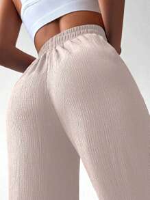 EURMUSE Damen Lässig einfarbige Hose mit elastischem Bund, Seitentaschen und weitem Beinverlauf - Beige - Übersicht 3
