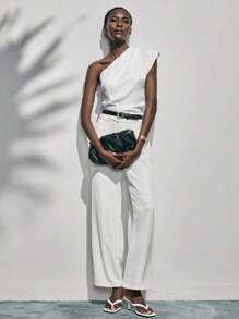 Lumivelle Women's Elegant Fashionable White Pleated Loose Shoulder Blouse, Romantic