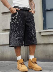 ROMWE MEN Men's Street Life Loose Fit Sparkling Rhinestone Denim Shorts - Black - View 4