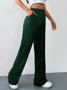 EURMUSE 100%Cotton Solid Color Wide Leg Pants With Elastic Waistband - Hijau - View 4