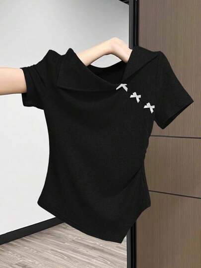 GlowEve Women's Casual Asymmetric Neck Bow Decor Fitted Short Sleeve T-Shirt