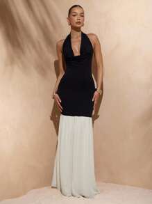 Hauture Women's Two Tone Drop Waist Two Way Neckline Cowl Neck Off Shoulder Sexy Dress, Vacation, Party - Black and White - View 4