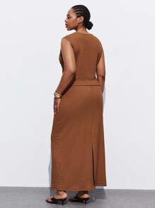 Maija Plus Size Chocolate Brown 2 Pieces Set,Sleeveless Top & Drawstring Waist Skirt,Summer Holiday Smart Casual,Modest Vintage Old Money Teacher Outfits - Rust Brown - View 2