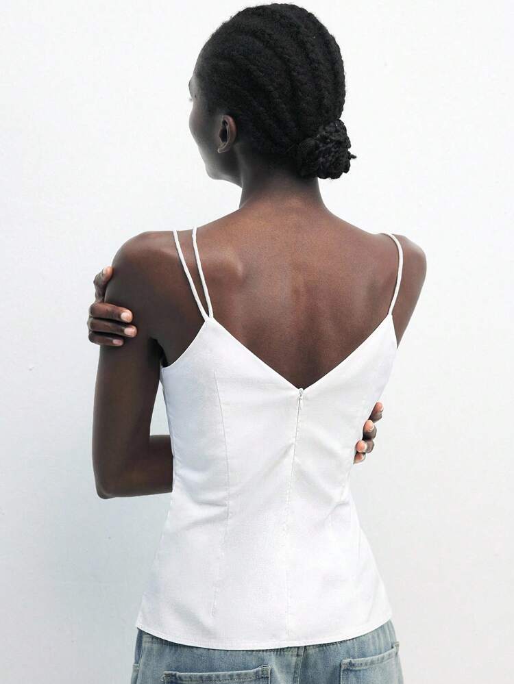 SHEIN Maija 2025 Summer New Asymmetric Cut Fashion Sleeveless Top With Metal Hand-Sewn Buttons And Hidden Zipper Back Design, Suitable For Music Festivals, Graduation Outings, Vacations, Elegant & Casual For Daily, Party Romantic, Fashion, Versatile