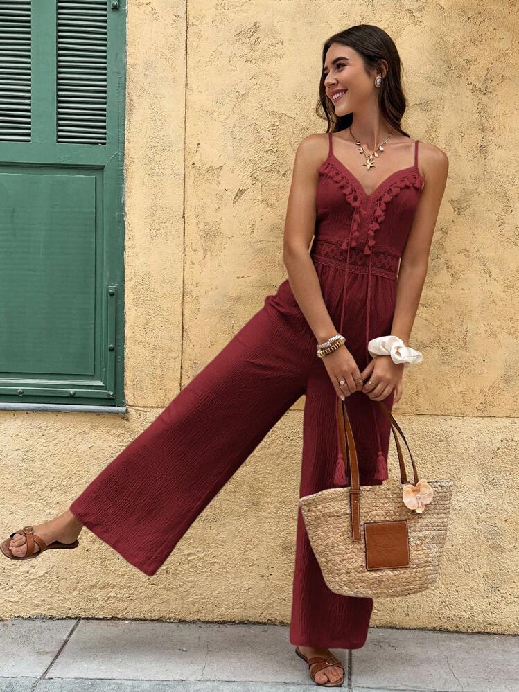 Serisse Combinaison sans manches de couleur unie pour femme, adaptée pour les vacances et le port décontracté - Lie de vin - Voir 5