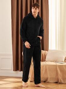 Manfinity Underwear&Sleepwear Basics Bộ đồ ngủ 2 món bằng vải nỉ trơn màu dành cho nam, trang phục thu đông - màu đen - Xem 6