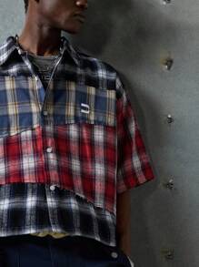 NEON BLANC 男士街头风格编织格子拼布短袖衬衫，适合夏季 - 彩色 - 查看 4