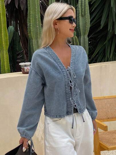 Livesso Women's Summer Tie Up Lantern Sleeve Denim Top,Jeans Jacket,Fall Women Clothes