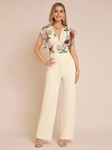 Amorya Elegant Women's V-Neck Mesh Floral Embroidered Ruffle Sleeve Apricot Color Jumpsuit Elegant Jumpsuits Embroidered Jumpsuit Floral Jumpsuit Palazzo JumpsuitAutumn And Winter Women's Clothing