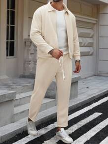 Manfinity Homme Men Plus Size Solid Color Casual Shirt Jacket & Pants 2 Pieces Set, Fall Clothes - Apricot - View 3
