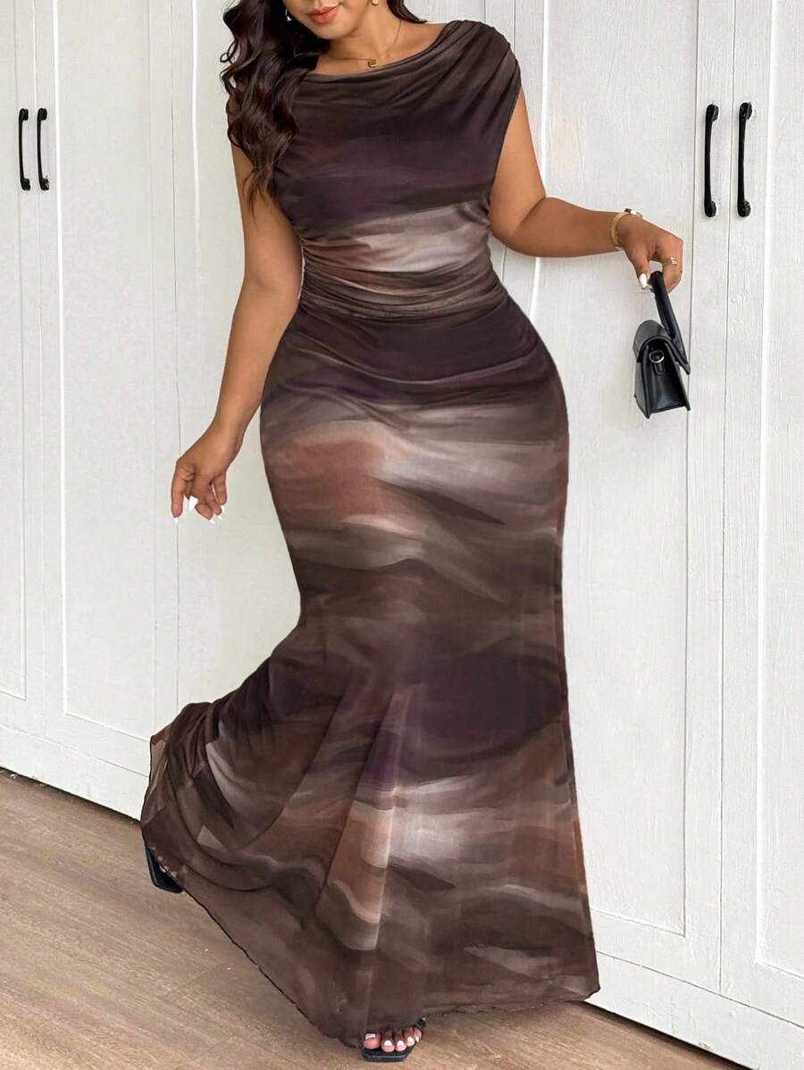 Elaquor Vestido Longo Elegante para Mulheres Grandes com Estampa de Tie Dye e Calda de Sereia, Vestidos Formais para Mulheres