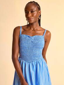 CAJUNI Váy chữ A kẻ sọc xếp ly cho kỳ nghỉ hè dành cho nữ có thắt lưng, sọc xanh và trắng, Váy cho nữ, Váy mùa hè cho nữ, Váy mùa hè, Váy cho nữ thanh lịch, Váy mùa hè, Váy cho nữ, Váy cho nữ mùa hè, Váy màu xanh, Váy màu xanh cho nữ - Nhiều màu - Xem 5