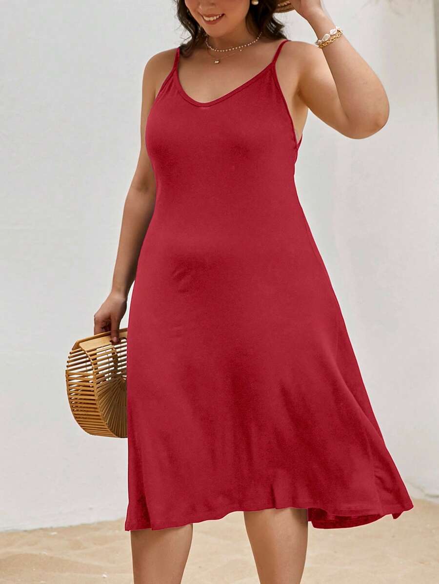 EURMUSE Plus Size Women Summer Solid Color Casual Cami Dress - Red - View 1