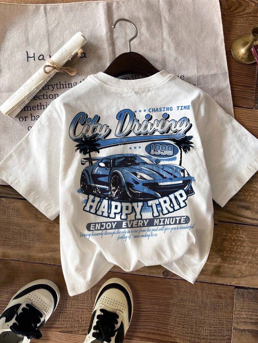 SHEIN Young Boy Casual Vintage Car Graphic Round Neck Short Sleeve T-Shirt, Suitable For Summer - White - View 1