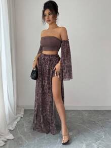 Rafferiza 2件套女士优雅露肩豹纹网眼上衣和裤子套装