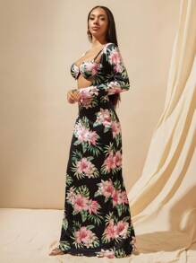 Vixey 2 piezas Vestido maxi ajustado de cuello en punta de manga larga y sujetador con relleno estampado con flores tropicales