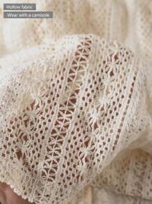 SHEIN LUNE 女士圆领插肩短袖镂空蕾丝休闲度假T恤 - 杏色 - 查看 4