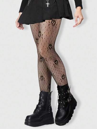 Goth Women's Skeleton Pattern Hollow Pantyhose, Suitable For Pairing With Skirts, Halloween