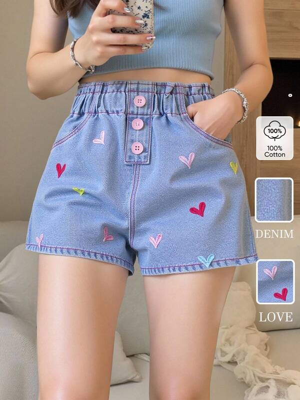 Pantalones cortos de denim bordados con corazón lindo para adolescentes, casuales, cómodos, de moda, adecuados para la playa y el desgaste callejero, verano