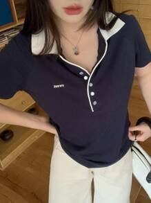 DAZY Women's New Small Collar Colorblock Short Sleeve POLO Shirt - Navy Blue - View 4