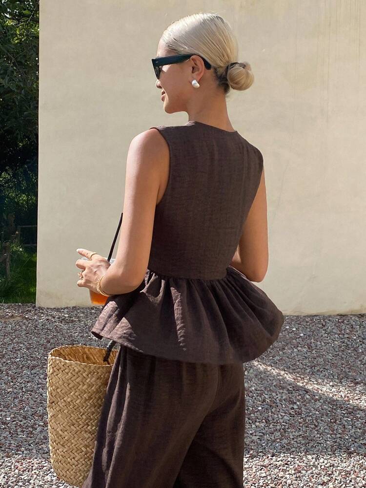 Women's Solid Color Sleeveless Shirt & Ankle Length Pants 2 Pieces Set, Korean Style Summer