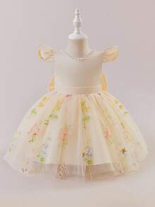 Glamorique Kids 1pc Baby Girls Christening Formal Dress, Flared Sleeves V-Neck Pearl Beaded Embroidered Mesh Ruffle Princess Dress With Raised Cinched Waist Design