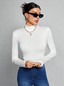 SHEIN Tall 簡約純色修身高領白色上衣，適合秋冬女款白色上衣，小高領上衣，適合高個女性 - 白色 - 查看 3