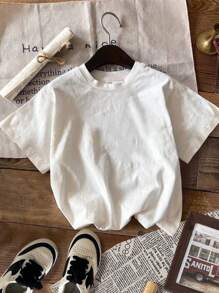 SHEIN Young Boy Casual Minimalist Summer Scenery Graphic Round Neck Short Sleeve T-Shirt, Suitable For Summer, Back Of Clothes - White - View 3