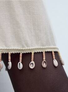 Maija Women's Light Apricot Fringed Hem Summer Dress, Versatile, Elegant Casual Urban Fashionable Design, Comfortable Fitted Neck-Tie Back Twist Knot Ruched Hem Fringed Splice Beach Vacation Style Mini Dress All-Match Summer Clothing For All Seasons, Modern Holiday Fashion Design, Comfortable Beach Beach Clothing, Bohemian Style, Isabi Island Holiday Wear, Summer Dopamine Holiday Wear, Ins Same Style Holiday Style, Exotic Atmosphere, Country Concert, Western Style Clothing - Apricot - View 5