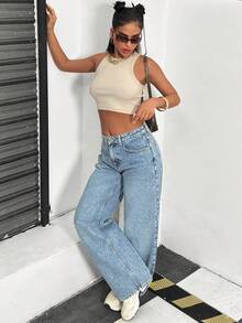 EURMUSE Low Waist Wash Detailed Straight Jean Jeans Wide Leg Y2k Jeans Wide Leg Jeans Jean Top - Medium Wash - View 1