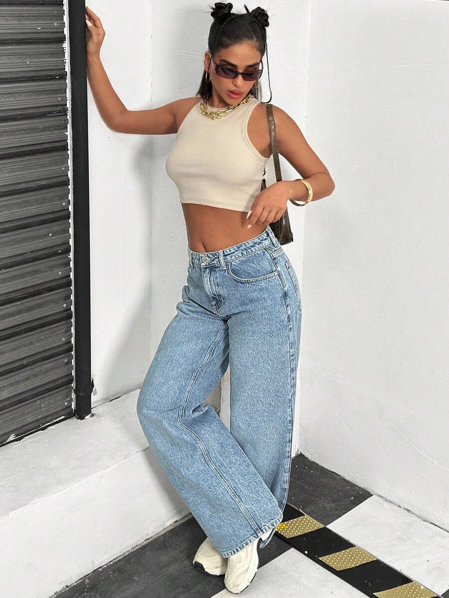 EURMUSE Low Waist Wash Detailed Straight Jean Jeans Wide Leg Y2k Jeans Wide Leg Jeans Jean Top - Medium Wash - View 1
