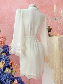 SilkySpell 优雅法式撞色蕾丝镂空透视性感女士睡袍，秋季 - 白色 - 查看 6