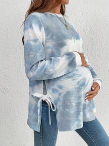 SHEIN Maternity Tie-Dye Print Round Neck Long Sleeve Side Slit Hem Casual Sweatshirt