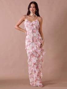 Enchnt Fall/Summer Romantic Women's White&Pastel Pink Rose Print Spaghetti Straps Ruffle Hem Mermaid Maxi Dress - Multicolor - View 1