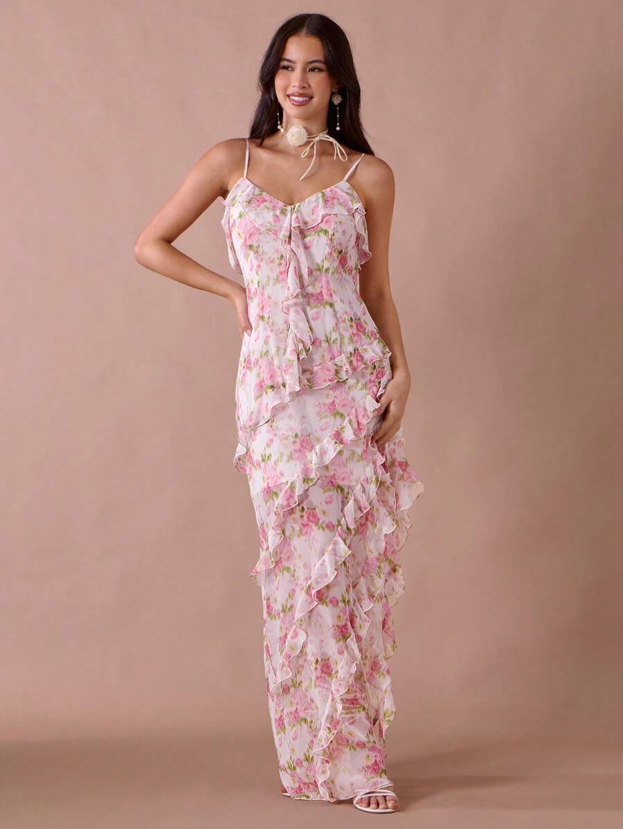 Enchnt Fall/Summer Romantic Women's White&Pastel Pink Rose Print Spaghetti Straps Ruffle Hem Mermaid Maxi Dress - Multicolor - View 1