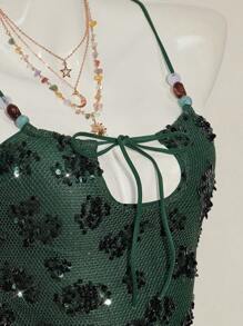 SHEIN ICON Sequin Embroidered Bead Decorated Women's Shiny Sequin Patchwork Camisole - Green - View 9