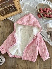 SHEIN 女婴秋冬新款可爱爱心设计保暖连帽外套加厚款 - 粉色 - 查看 1