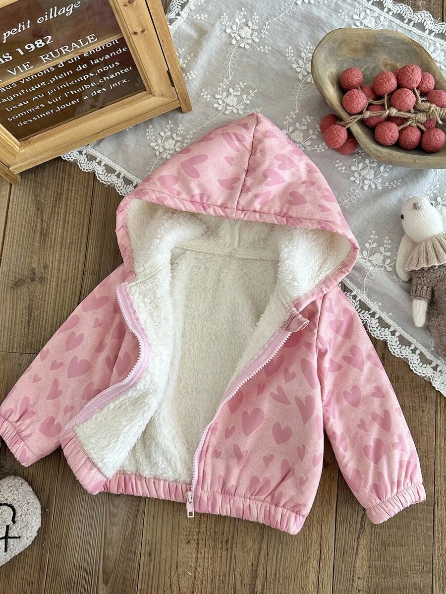SHEIN 女婴秋冬新款可爱爱心设计保暖连帽外套加厚款 - 粉色 - 查看 1