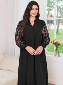 SHEIN Najma Women Stand Collar Lantern Sleeve Blouse, Loose Fit Luxury Embroidery Sequins Beading Patchwork Elegant Dress, Plus Size, Arabic Style